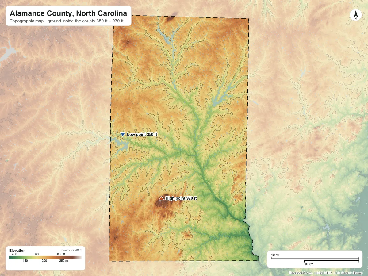 Topographic elevation map of Alamance County, North Carolina, shaded from 350 ft on the west side to 970 ft on Cane Creek Mountains
