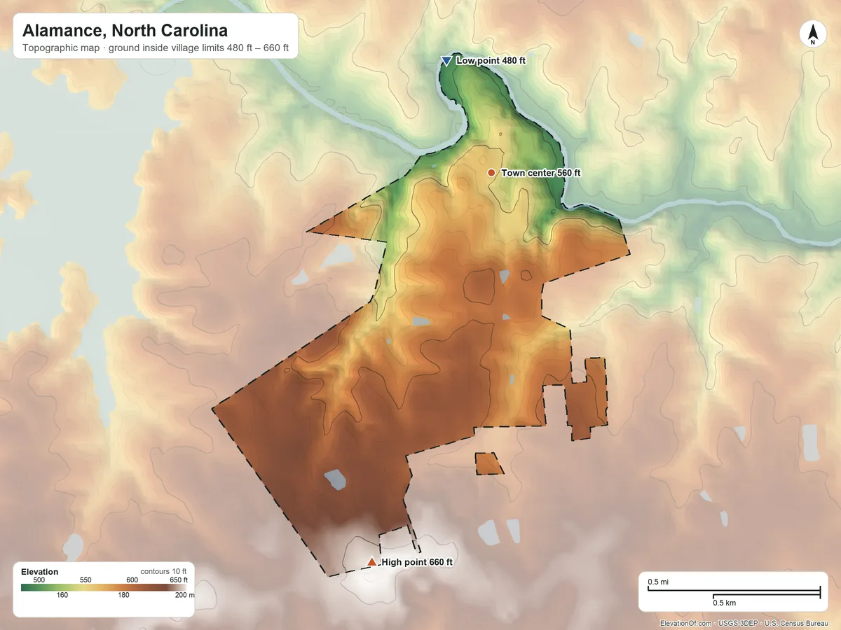 Topographic elevation map of Alamance, North Carolina, shaded from 480 ft on the north side to 660 ft on the south side