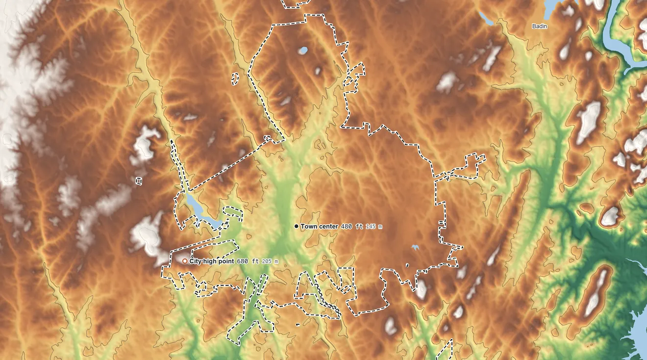 Topographic elevation map of Albemarle, North Carolina, shaded from 350 ft on the southeast side to 680 ft on the west side