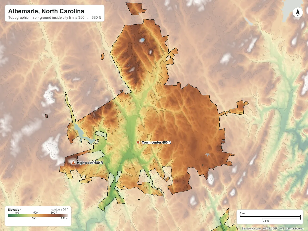 Topographic elevation map of Albemarle, North Carolina, shaded from 350 ft on the southeast side to 680 ft on the west side