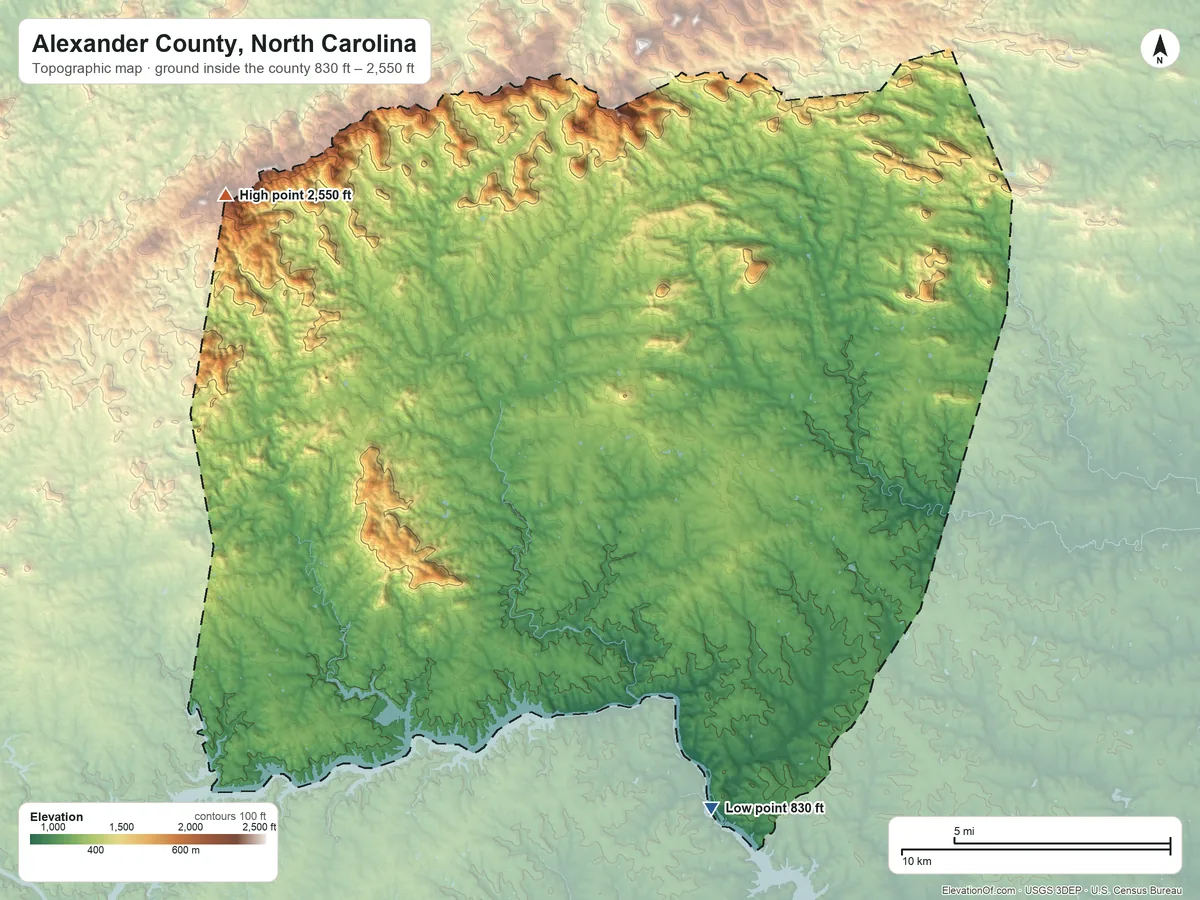 Topographic elevation map of Alexander County, North Carolina, shaded from 830 ft on the south side to 2,550 ft on the northwest side