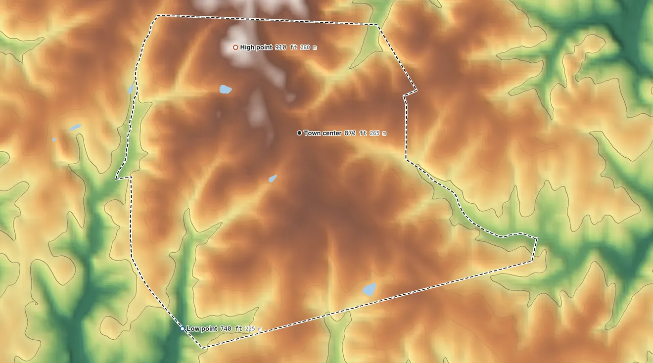 Topographic elevation map of Alexis, North Carolina, shaded from 740 ft on the southwest side to 910 ft on the northwest side