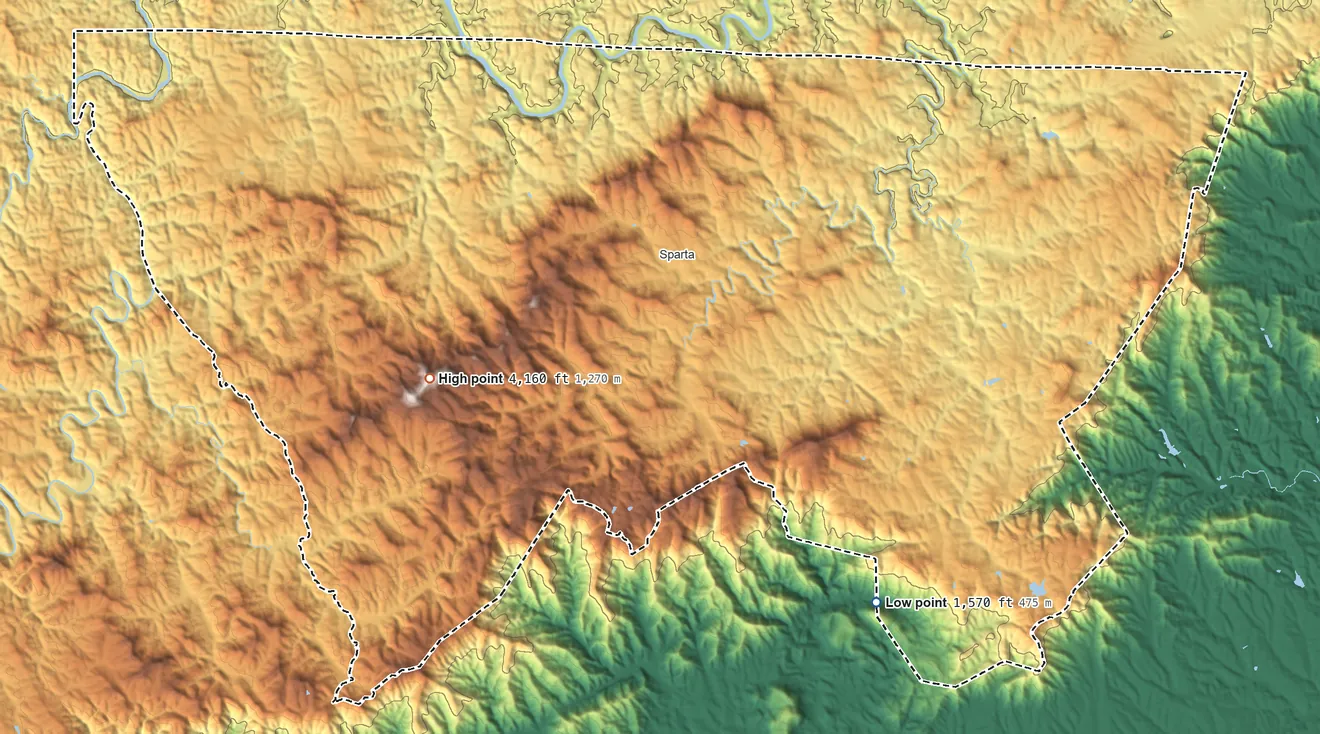 Topographic elevation map of Alleghany County, North Carolina, shaded from 1,570 ft on the southeast side to 4,160 ft on Peach Bottom Mountain