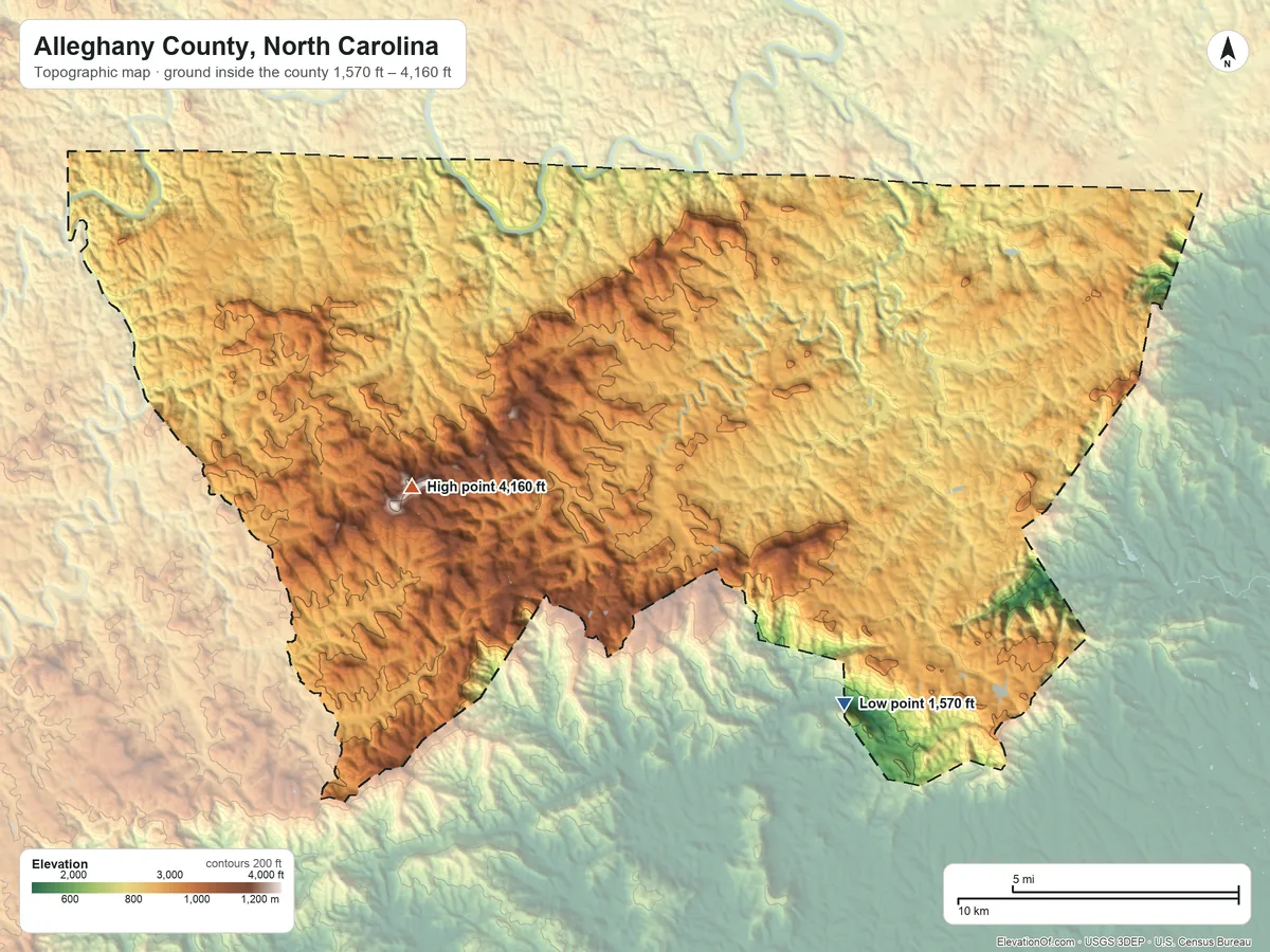 Topographic elevation map of Alleghany County, North Carolina, shaded from 1,570 ft on the southeast side to 4,160 ft on Peach Bottom Mountain