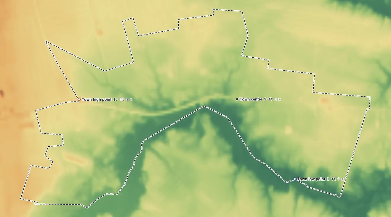 Topographic elevation map of Alliance, North Carolina, shaded from 1 ft on the southeast side to 17 ft on the west side