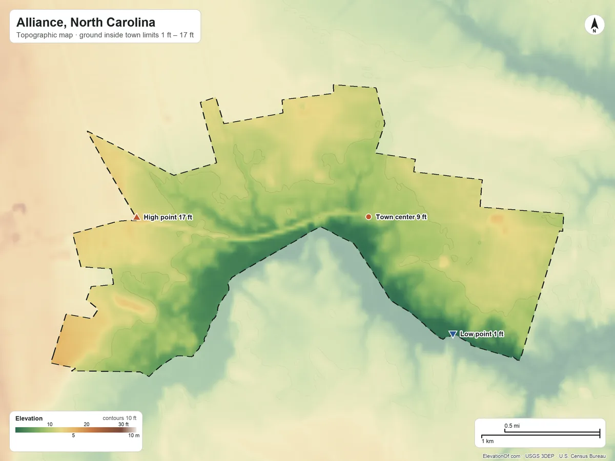 Topographic elevation map of Alliance, North Carolina, shaded from 1 ft on the southeast side to 17 ft on the west side