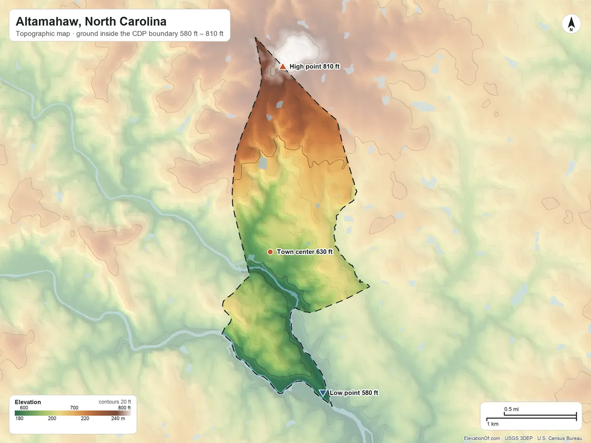 Topographic elevation map of Altamahaw, North Carolina, shaded from 580 ft on the south side to 810 ft on the north side