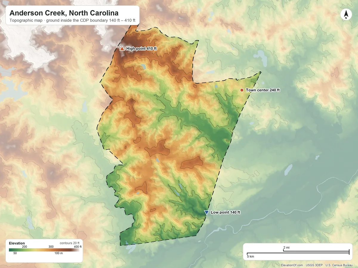 Topographic elevation map of Anderson Creek, North Carolina, shaded from 140 ft on the south side to 410 ft on the west side