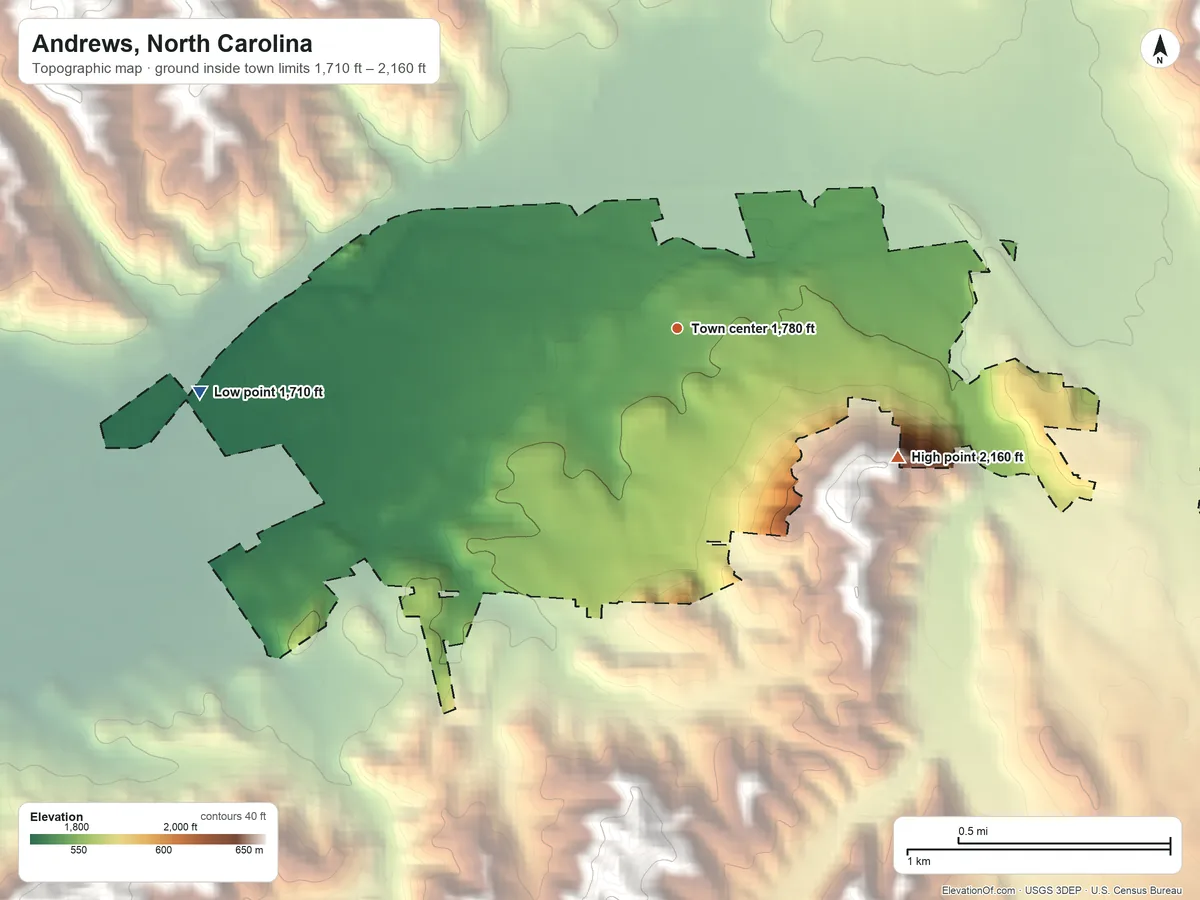 Topographic elevation map of Andrews, North Carolina, shaded from 1,710 ft on the west side to 2,160 ft on the southeast edge, below higher ground just outside