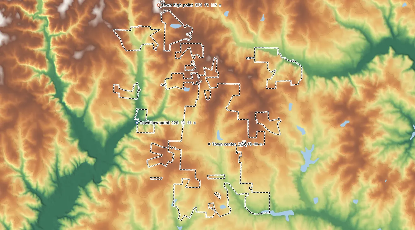 Topographic elevation map of Angier, North Carolina, shaded from 220 ft on the west side to 370 ft on the north side