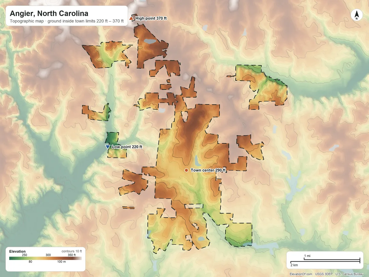 Topographic elevation map of Angier, North Carolina, shaded from 220 ft on the west side to 370 ft on the north side