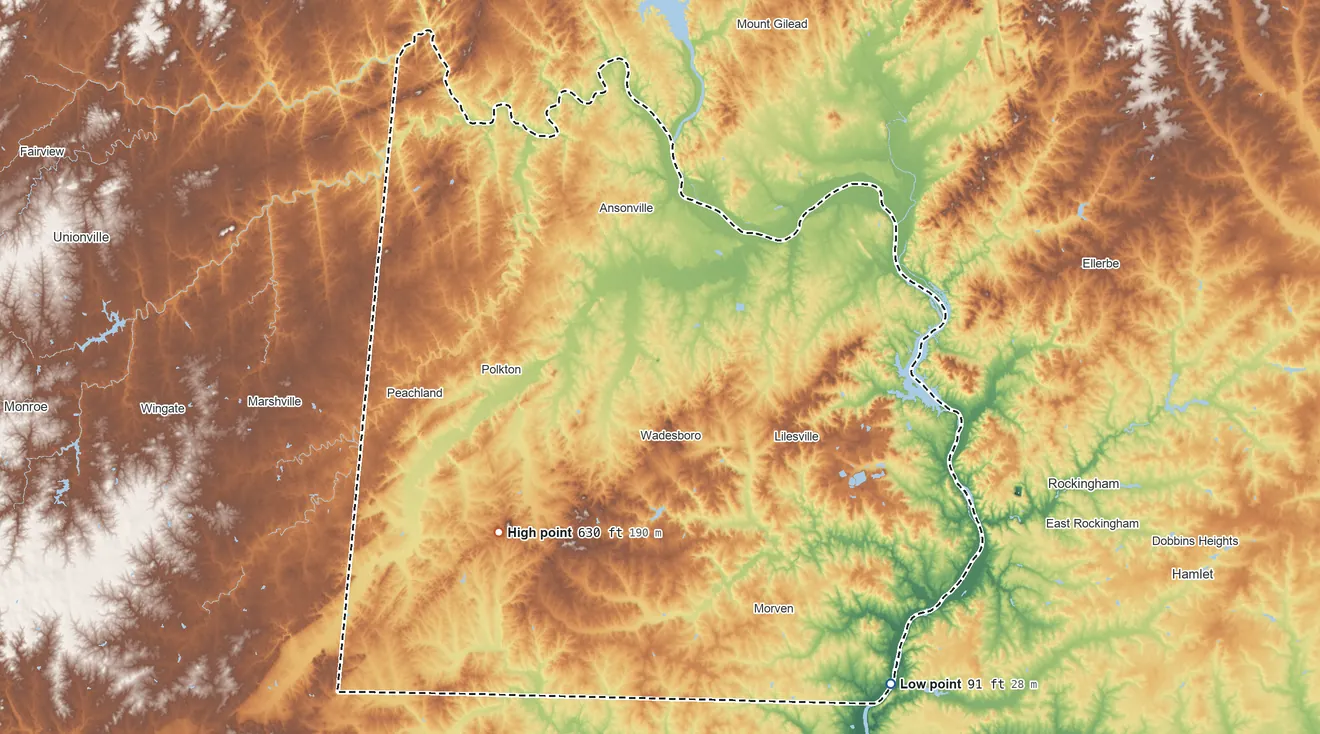 Topographic elevation map of Anson County, North Carolina, shaded from 91 ft on the southeast side to 630 ft on Gordon Mountain