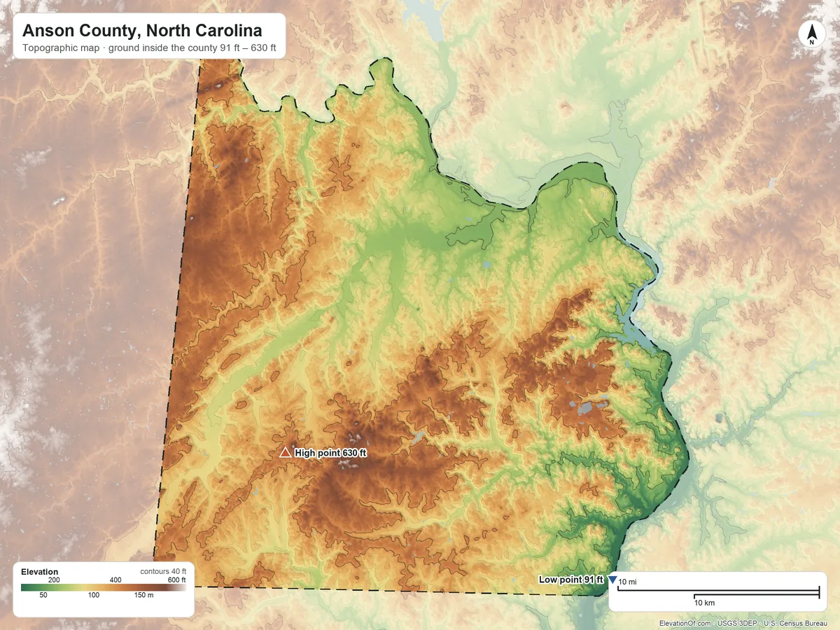 Topographic elevation map of Anson County, North Carolina, shaded from 91 ft on the southeast side to 630 ft on Gordon Mountain
