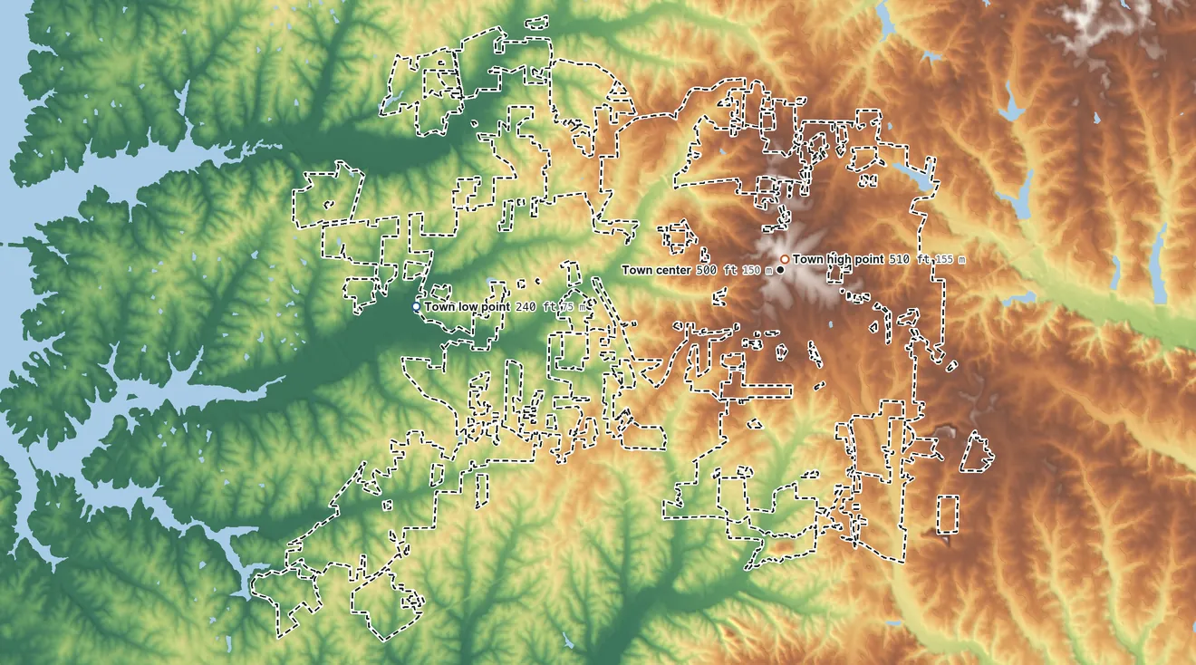Topographic elevation map of Apex, North Carolina, shaded from 240 ft on the west side to 510 ft near the middle