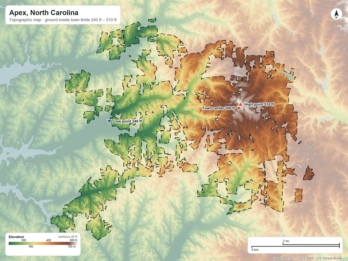 Topographic elevation map of Apex, North Carolina, shaded from 240 ft on the west side to 510 ft near the middle