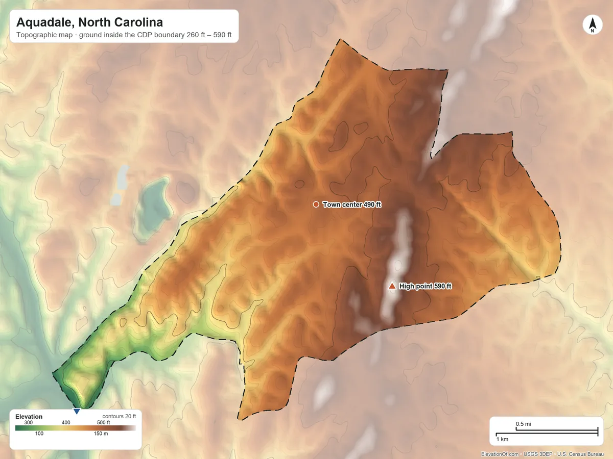 Topographic elevation map of Aquadale, North Carolina, shaded from 260 ft on the southwest side to 590 ft on the southeast side