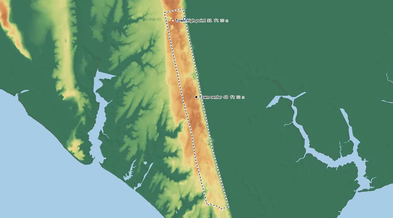 Topographic elevation map of Arapahoe, North Carolina, shaded from 22 ft on the north side to 51 ft on the north side
