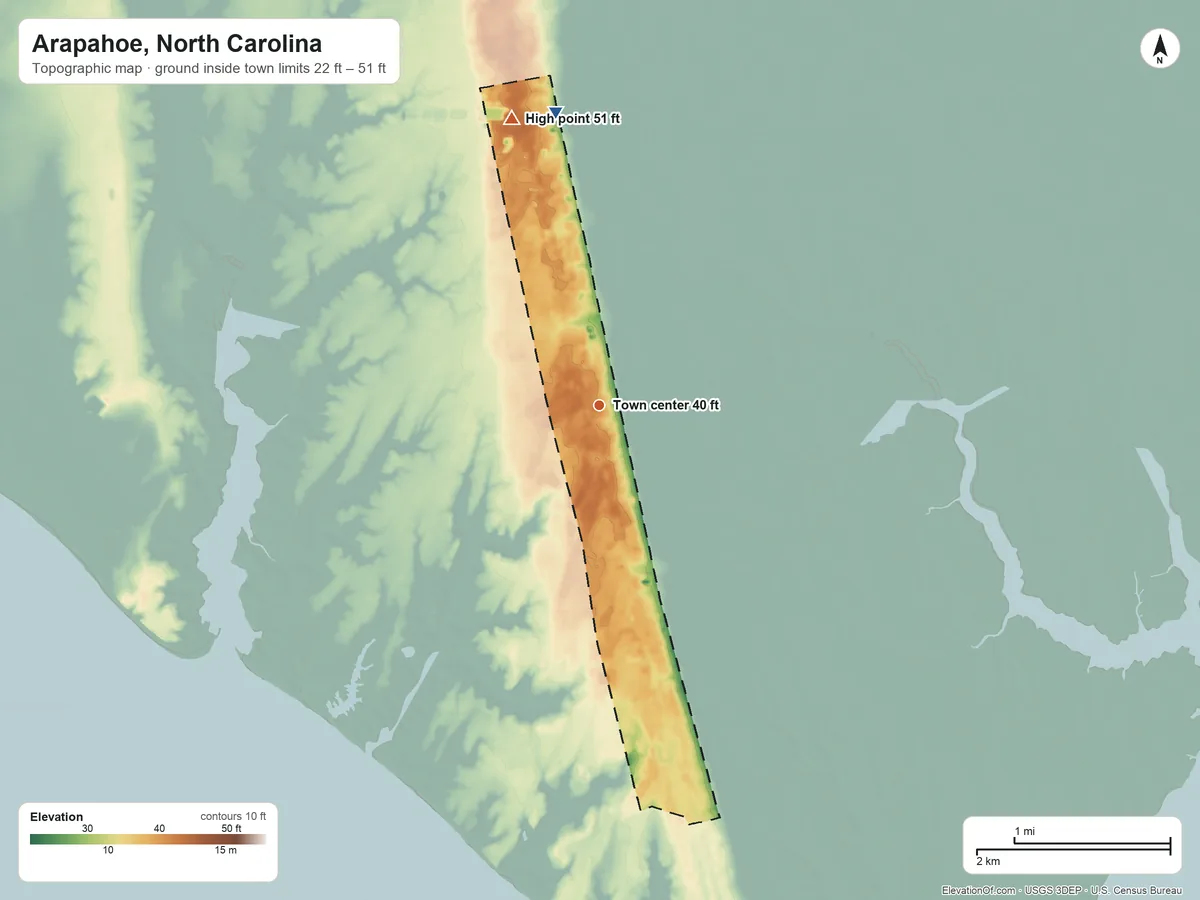 Topographic elevation map of Arapahoe, North Carolina, shaded from 22 ft on the north side to 51 ft on the north side