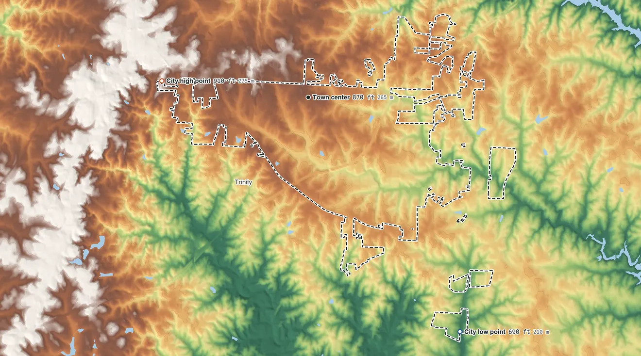 Topographic elevation map of Archdale, North Carolina, shaded from 690 ft on the southeast side to 910 ft on the west side