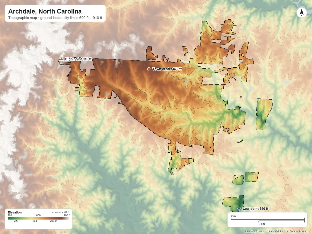 Topographic elevation map of Archdale, North Carolina, shaded from 690 ft on the southeast side to 910 ft on the west side