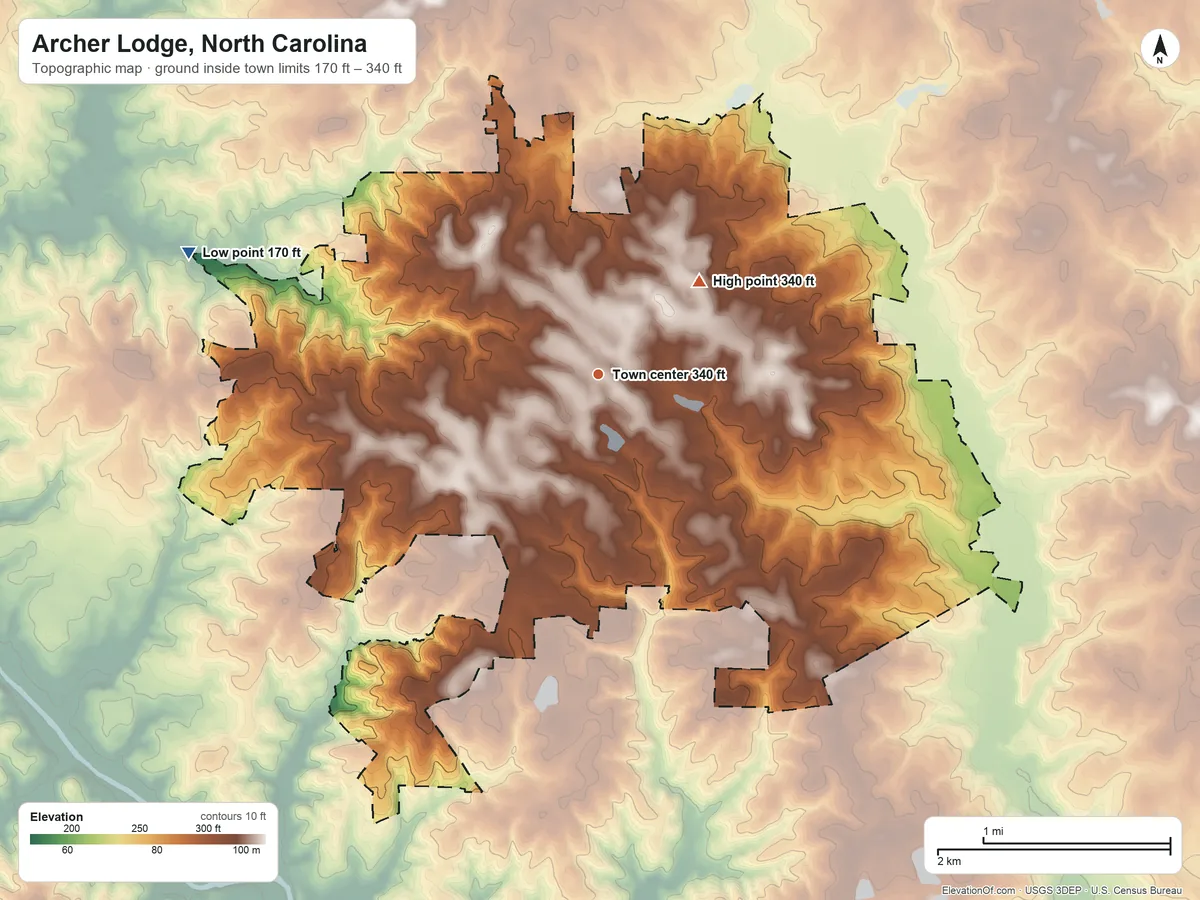 Topographic elevation map of Archer Lodge, North Carolina, shaded from 170 ft on the west side to 340 ft on the northeast side