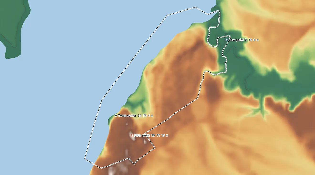 Topographic elevation map of Arrowhead Beach, North Carolina, shaded from 0 ft on the northeast side to 38 ft on the southeast side