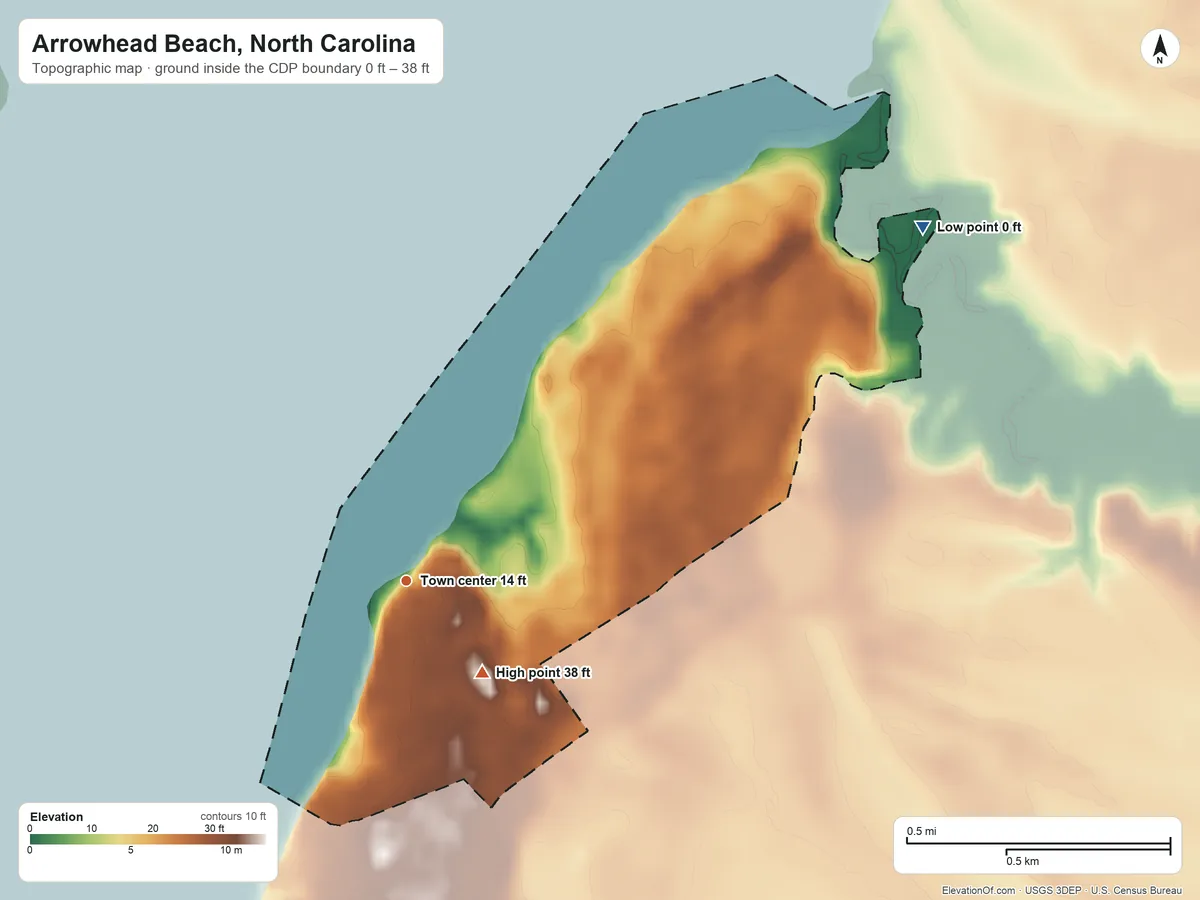 Topographic elevation map of Arrowhead Beach, North Carolina, shaded from 0 ft on the northeast side to 38 ft on the southeast side
