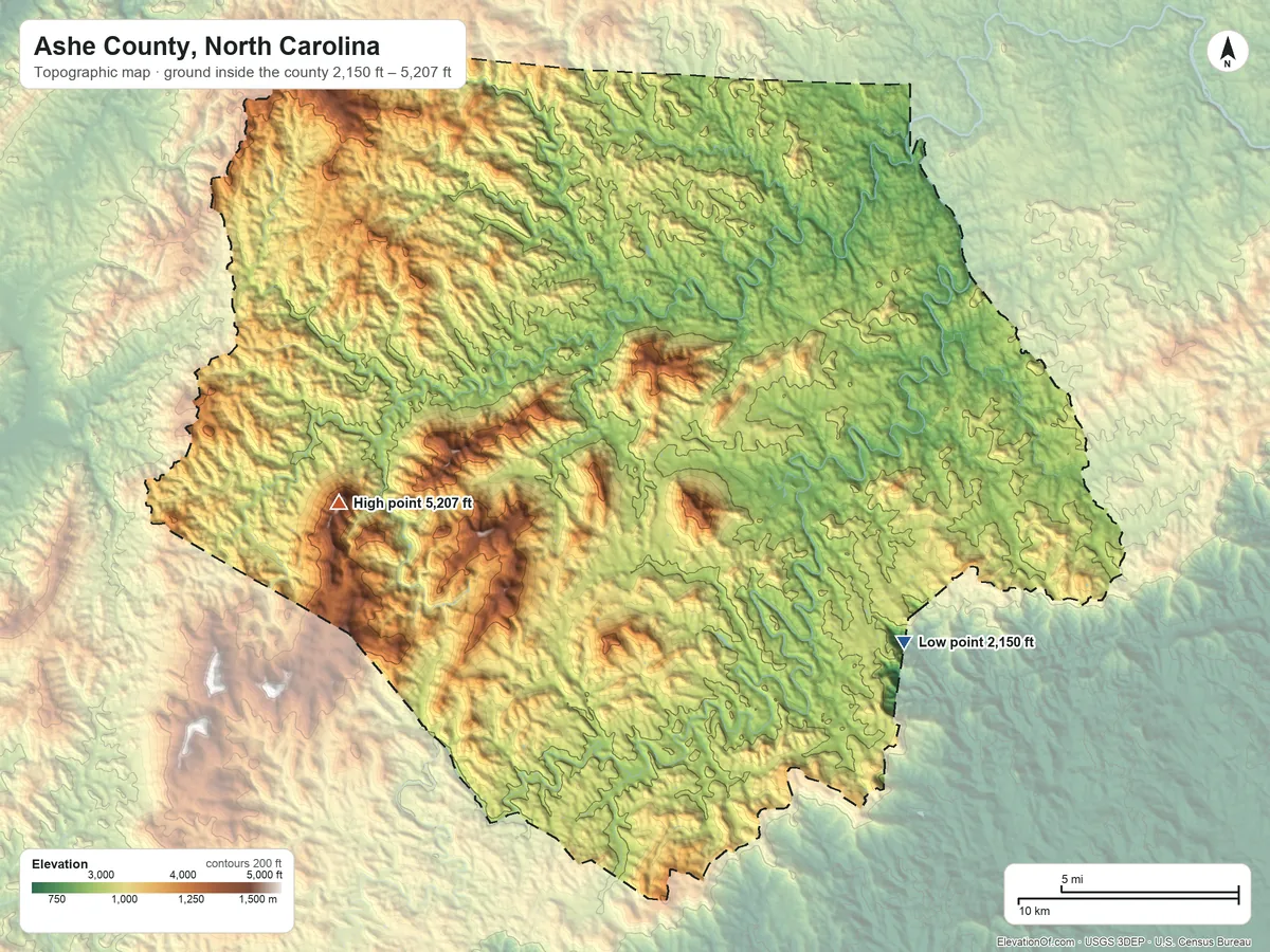 Topographic elevation map of Ashe County, North Carolina, shaded from 2,150 ft on the southeast side to 5,207 ft on The Peak