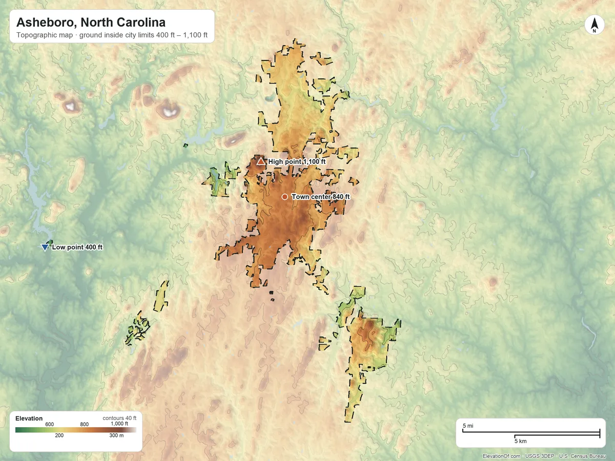 Topographic elevation map of Asheboro, North Carolina, shaded from 400 ft on the west side to 1,100 ft on Daves Mountain