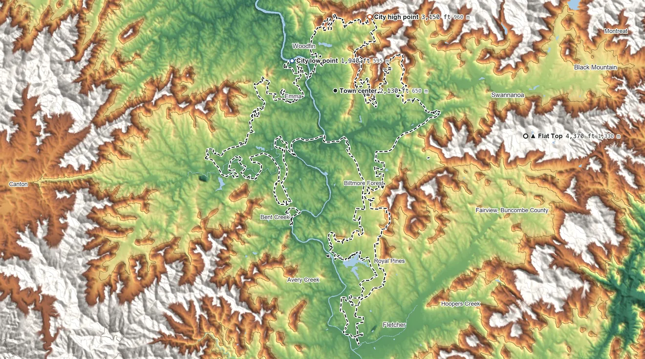 Topographic elevation map of Asheville, North Carolina, shaded from 1,940 ft on the northwest side to 3,150 ft at the foot of the Elk Mountains