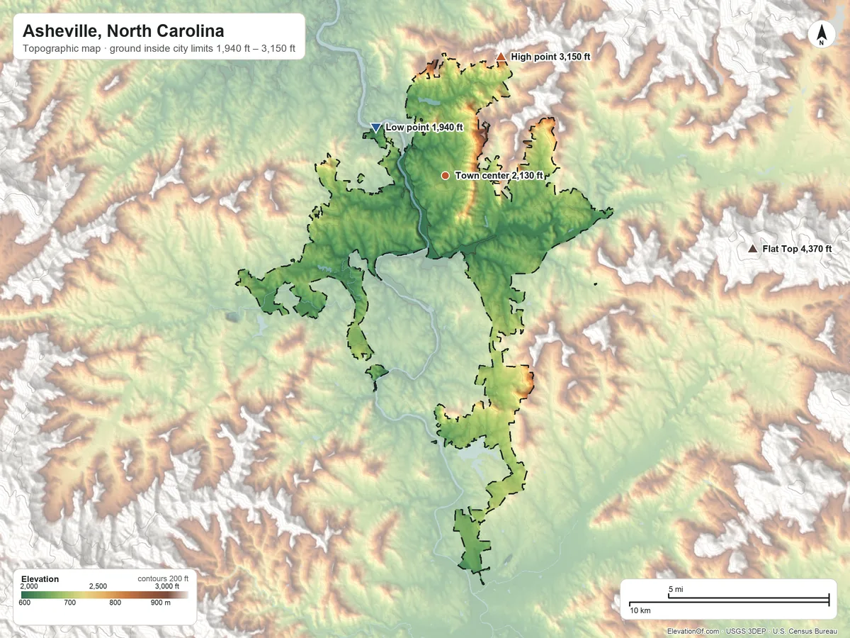 Topographic elevation map of Asheville, North Carolina, shaded from 1,940 ft on the northwest side to 3,150 ft at the foot of the Elk Mountains