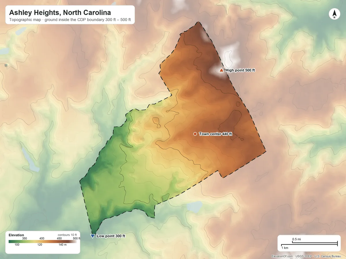 Topographic elevation map of Ashley Heights, North Carolina, shaded from 300 ft on the southwest side to 500 ft on the north side