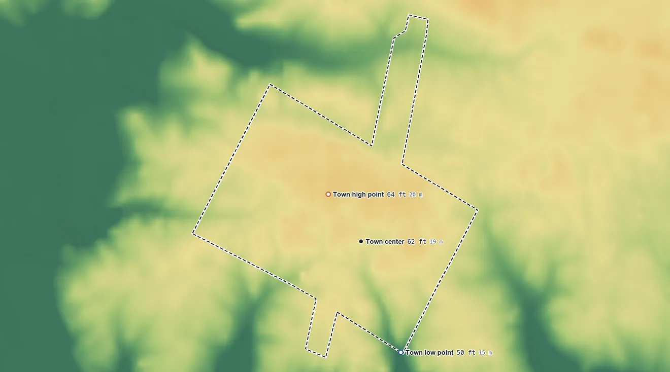 Topographic elevation map of Askewville, North Carolina, shaded from 50 ft on the south side to 64 ft on the northwest side