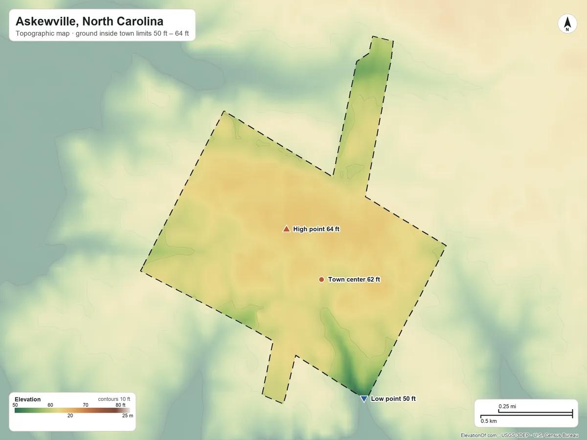 Topographic elevation map of Askewville, North Carolina, shaded from 50 ft on the south side to 64 ft on the northwest side