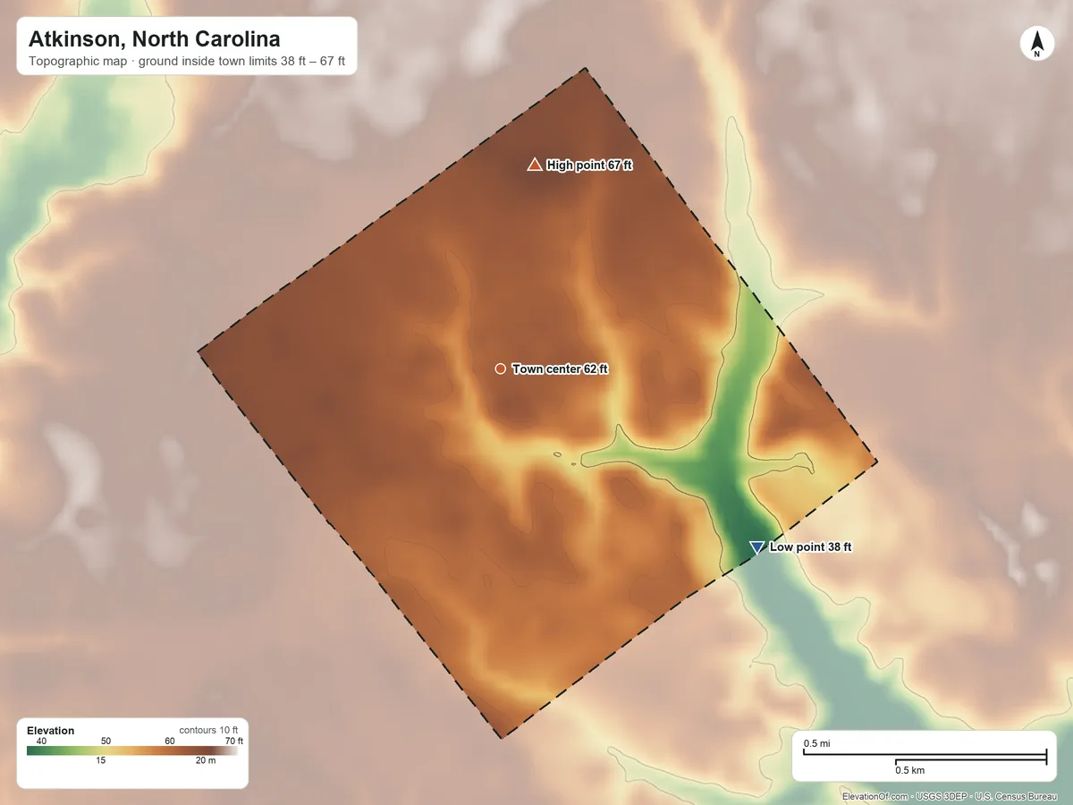 Topographic elevation map of Atkinson, North Carolina, shaded from 38 ft on the southeast side to 67 ft on the north side