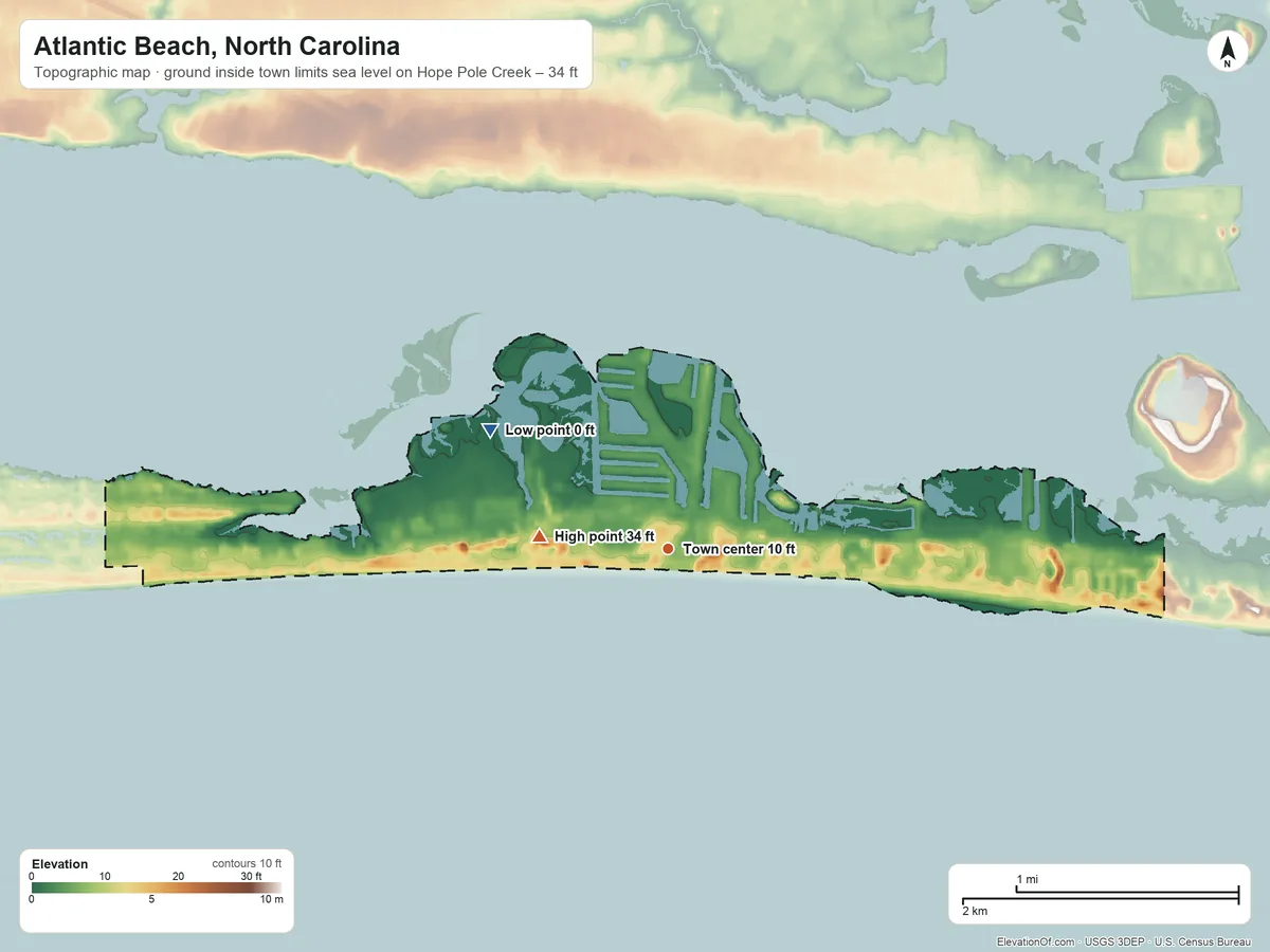 Topographic elevation map of Atlantic Beach, North Carolina, shaded from sea level level on Hope Pole Creek to 34 ft on the west side