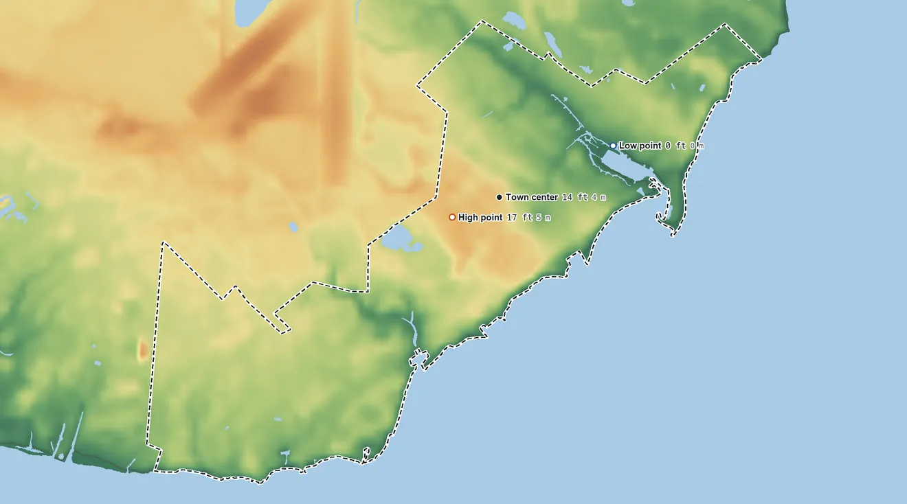 Topographic elevation map of Atlantic, North Carolina, shaded from sea level level on Core Sound to 17 ft near the middle