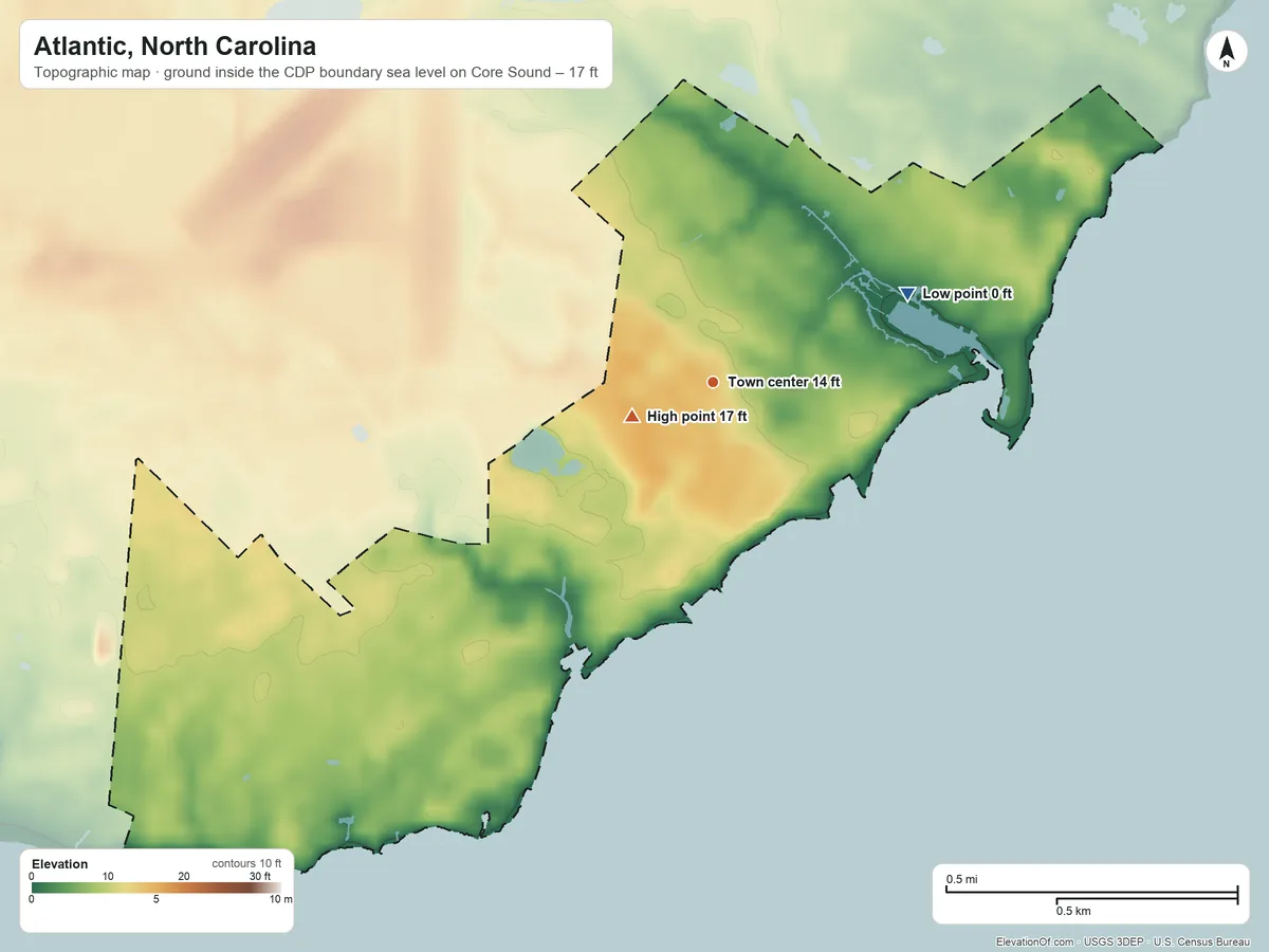 Topographic elevation map of Atlantic, North Carolina, shaded from sea level level on Core Sound to 17 ft near the middle