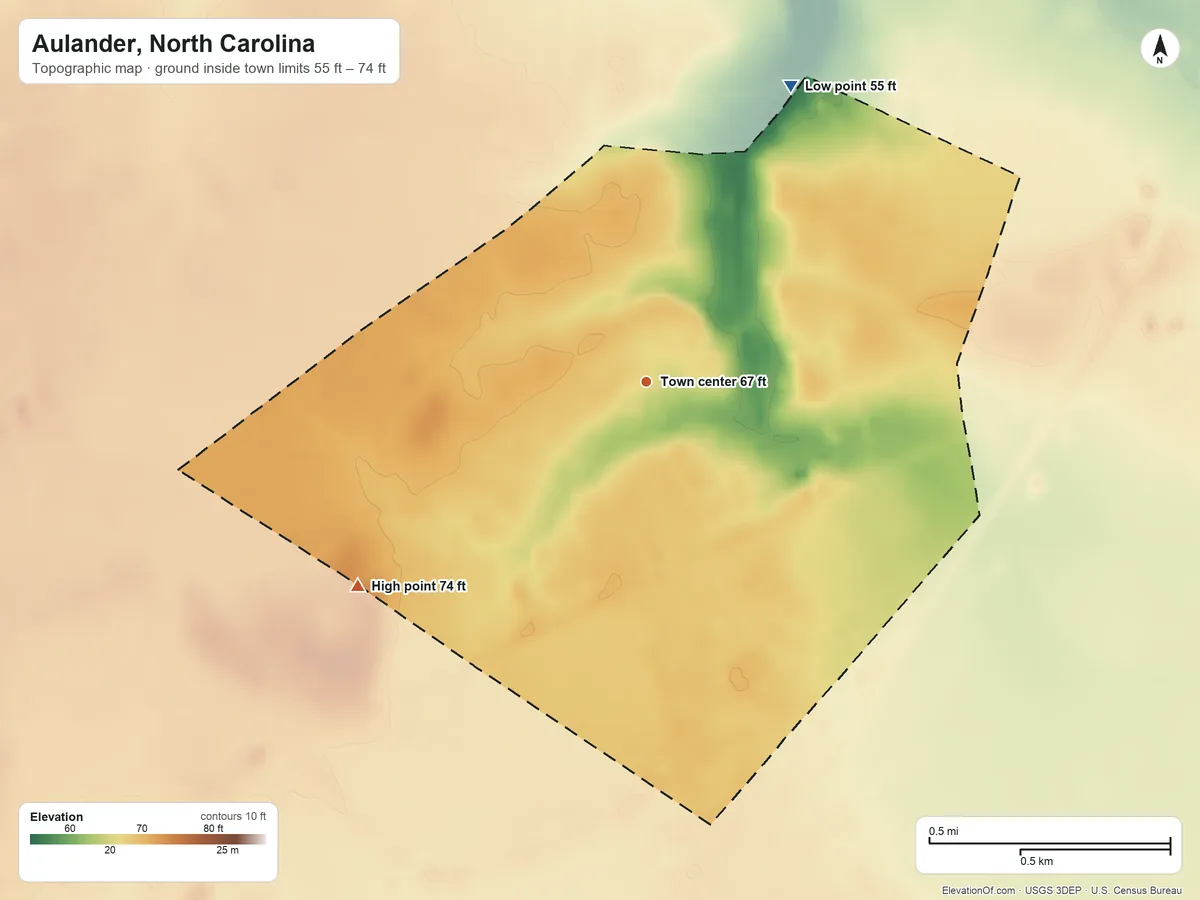 Topographic elevation map of Aulander, North Carolina, shaded from 55 ft on the northeast side to 74 ft on the southwest side