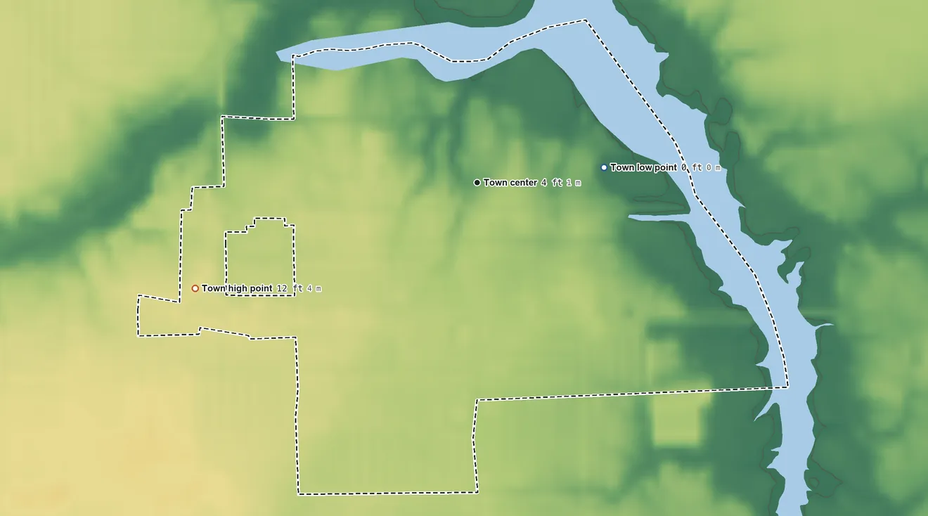Topographic elevation map of Aurora, North Carolina, shaded from 0 ft on the east side to 12 ft on the west side