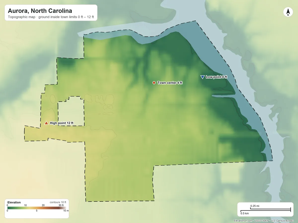 Topographic elevation map of Aurora, North Carolina, shaded from 0 ft on the east side to 12 ft on the west side