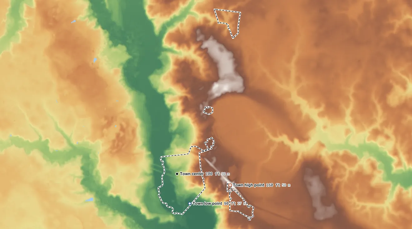 Topographic elevation map of Autryville, North Carolina, shaded from 90 ft on the southeast side to 160 ft on the east side