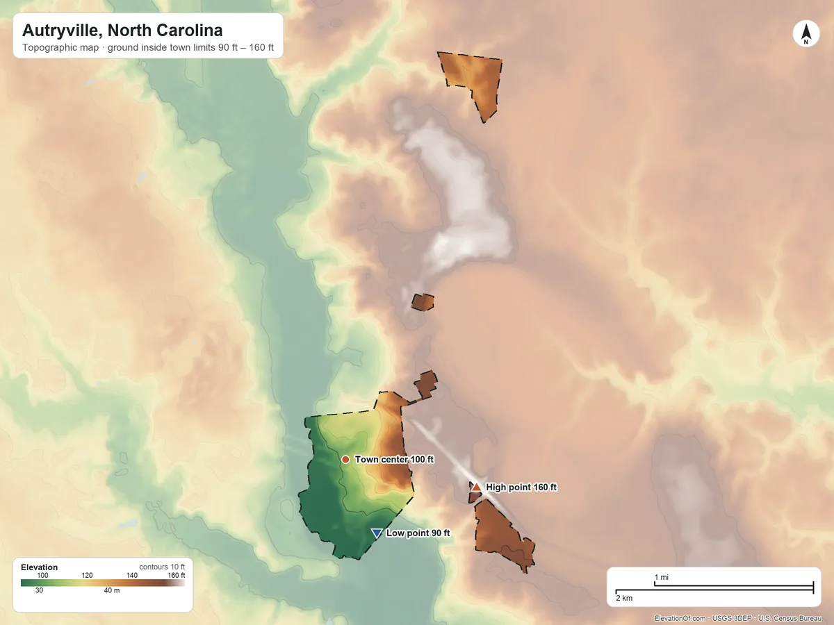 Topographic elevation map of Autryville, North Carolina, shaded from 90 ft on the southeast side to 160 ft on the east side