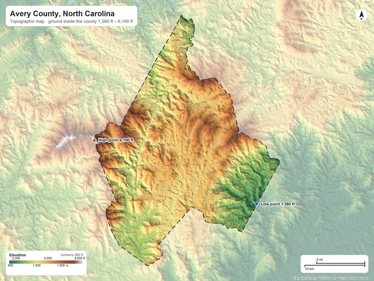 Topographic elevation map of Avery County, North Carolina, shaded from 1,580 ft on the southeast side to 6,190 ft on Grassy Ridge Bald