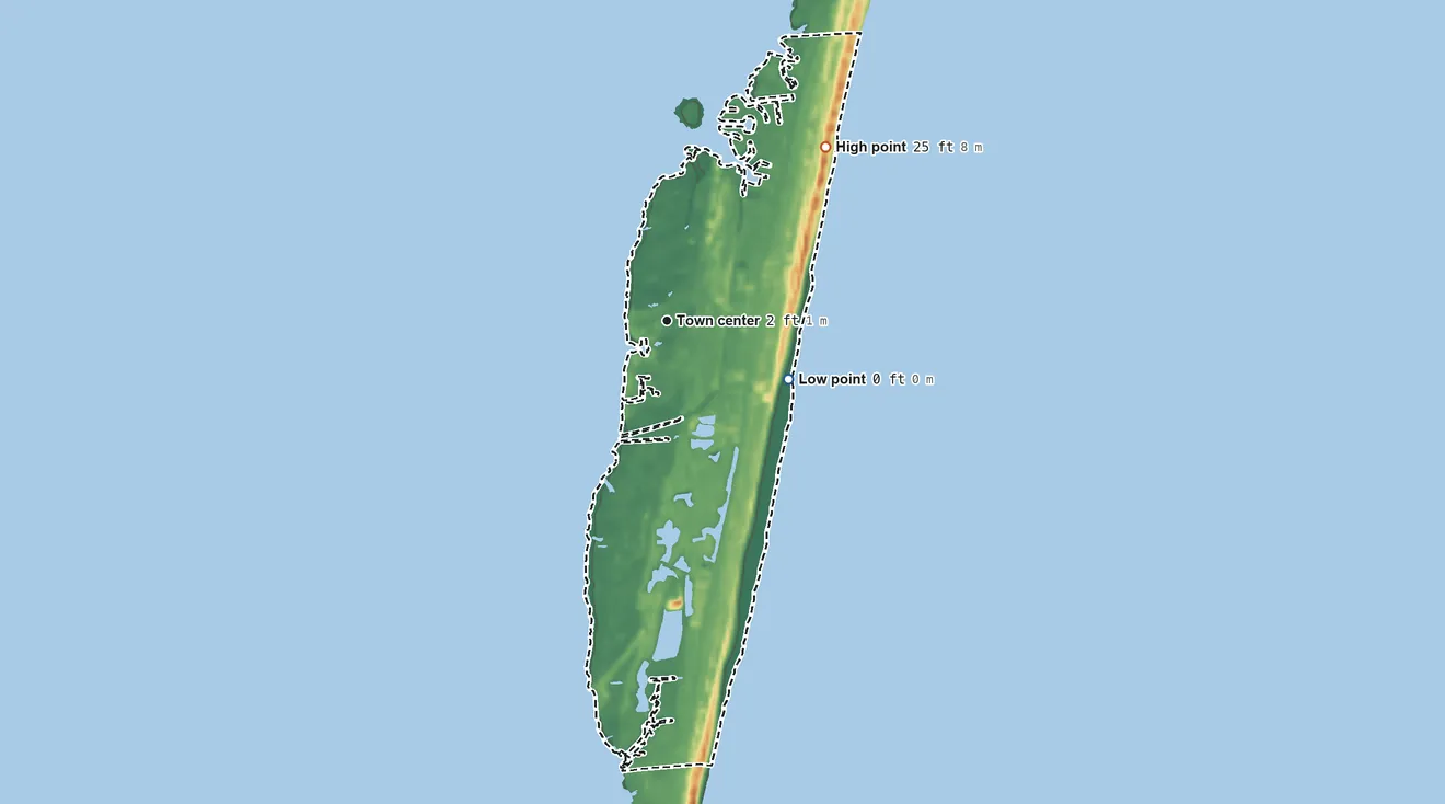 Topographic elevation map of Avon, North Carolina, shaded from sea level level on the Atlantic Ocean to 25 ft on the northeast side