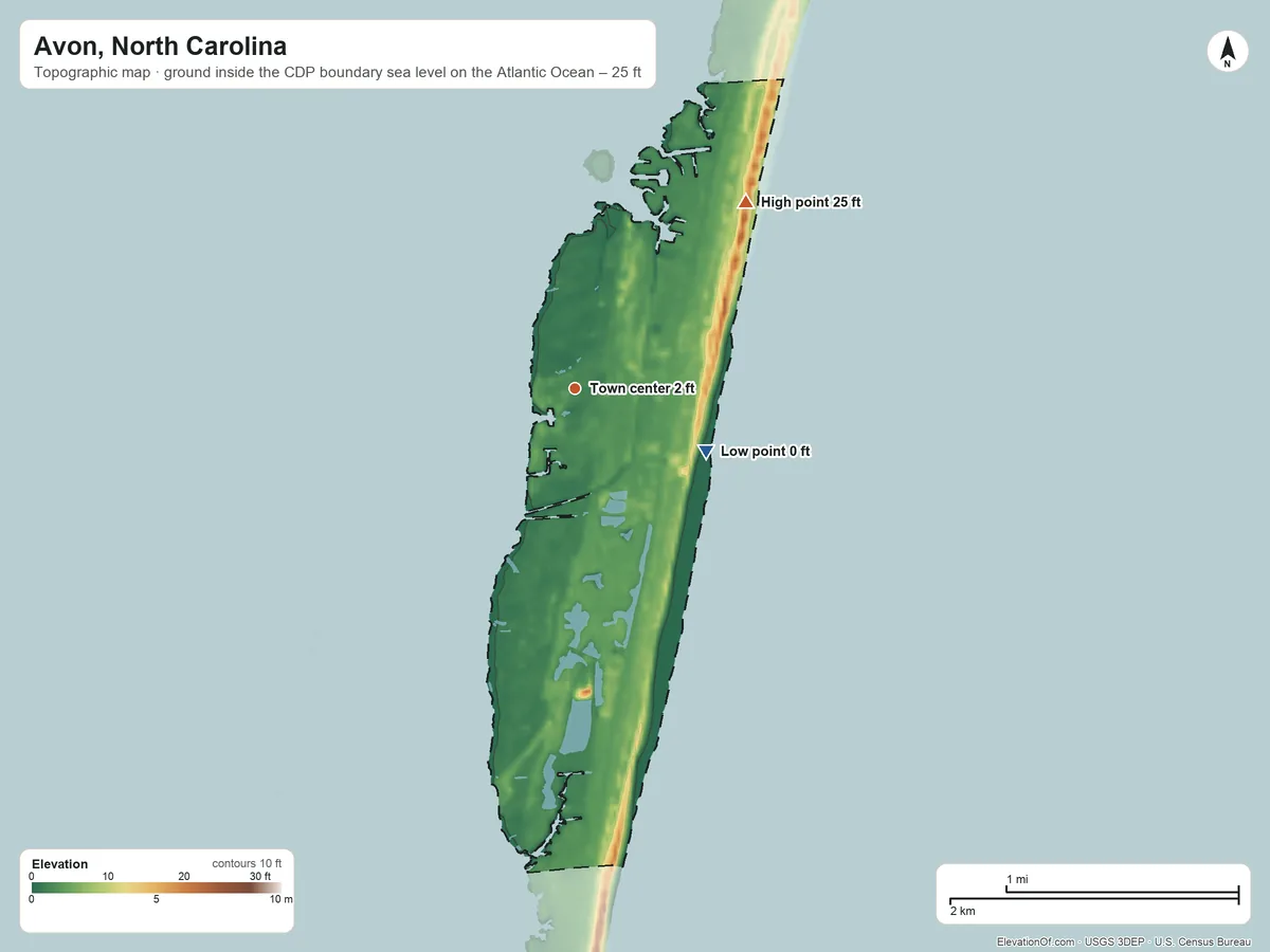Topographic elevation map of Avon, North Carolina, shaded from sea level level on the Atlantic Ocean to 25 ft on the northeast side