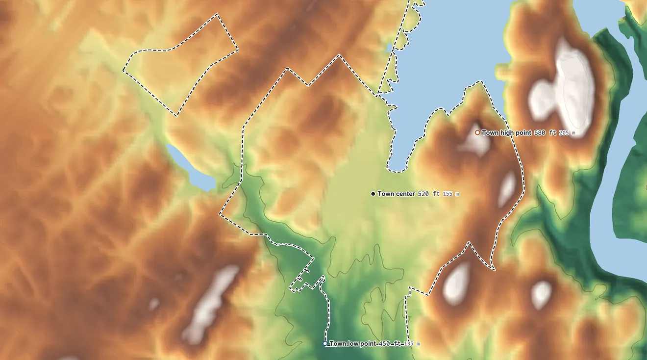 Topographic elevation map of Badin, North Carolina, shaded from 450 ft on the south side to 680 ft on the northeast side