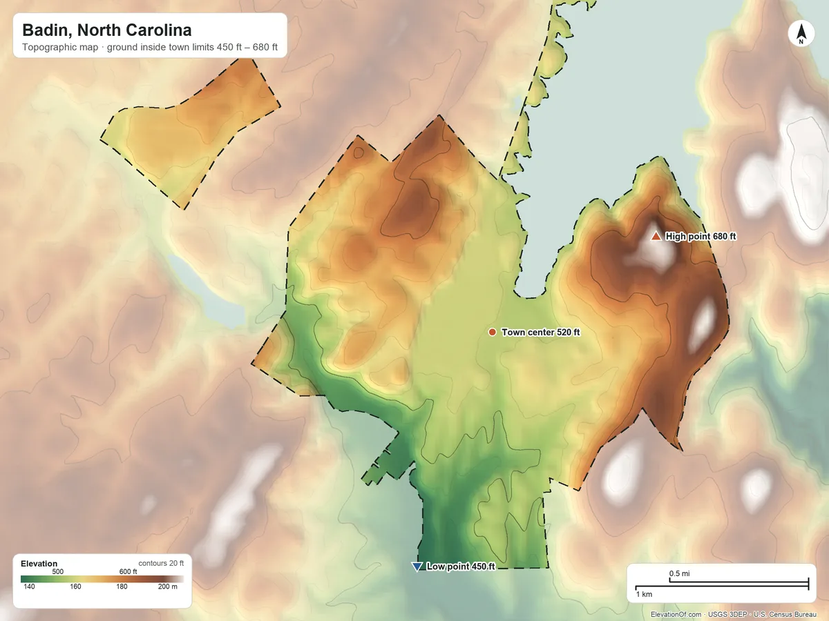 Topographic elevation map of Badin, North Carolina, shaded from 450 ft on the south side to 680 ft on the northeast side