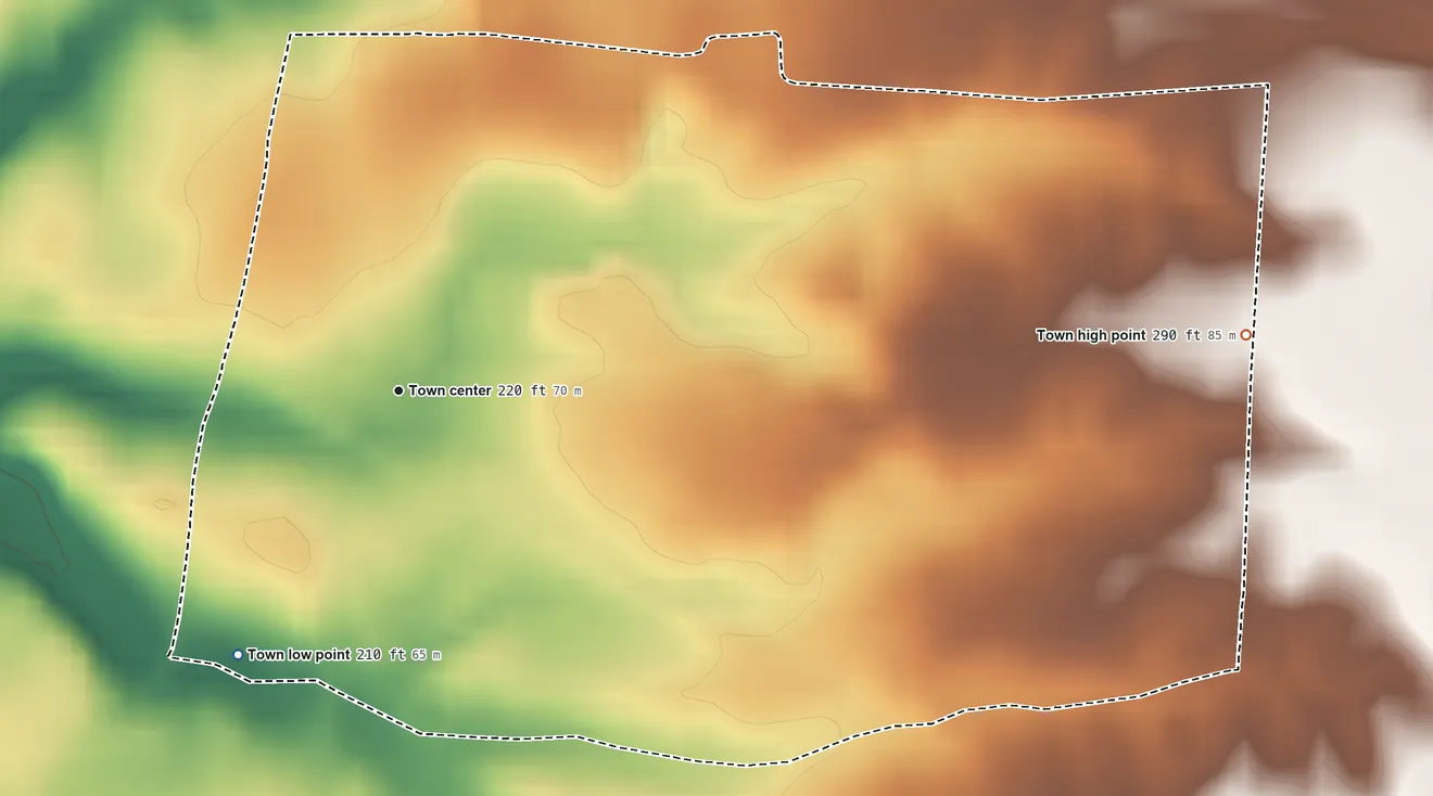 Topographic elevation map of Bailey, North Carolina, shaded from 210 ft on the southwest side to 290 ft on the east side