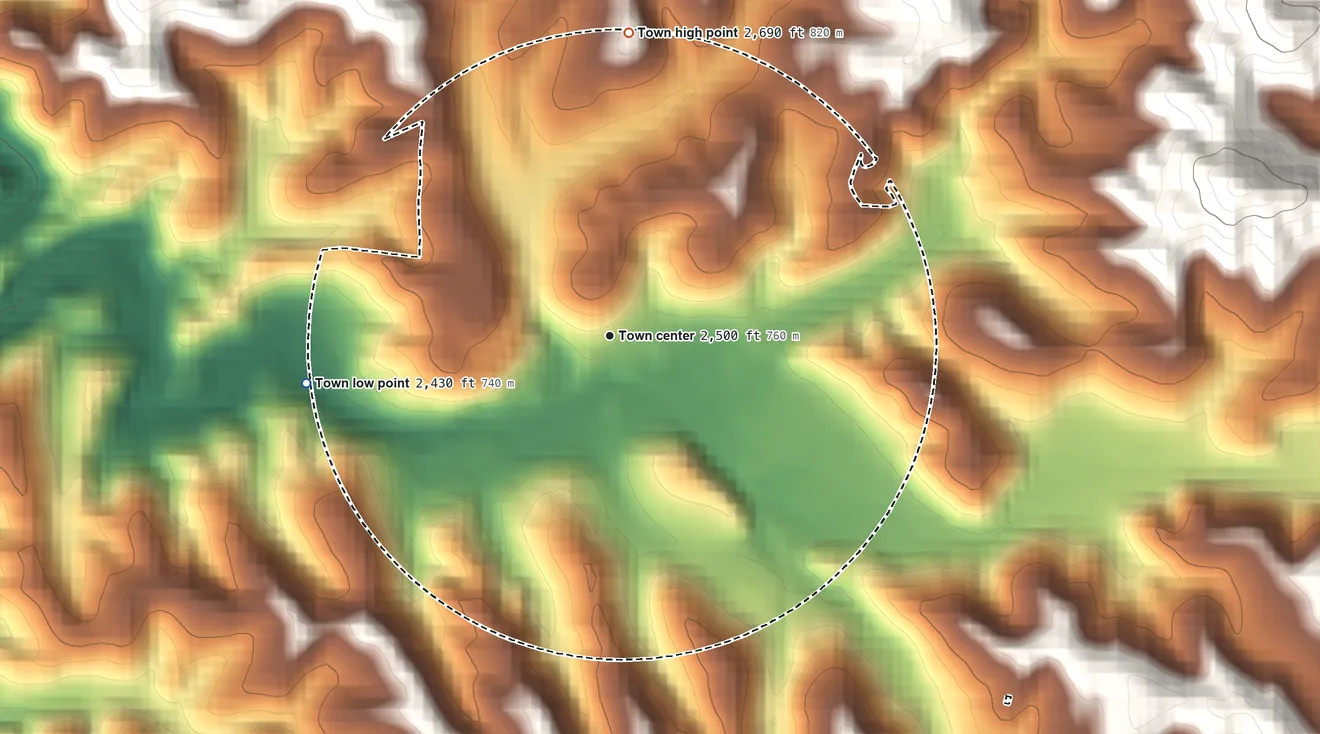 Topographic elevation map of Bakersville, North Carolina, shaded from 2,430 ft on the west side to 2,690 ft at the foot of the Green Mountains